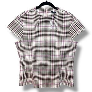 NWT Ann Taylor Black, White & Pink Plaid Short-Sleeve Top. Size 12